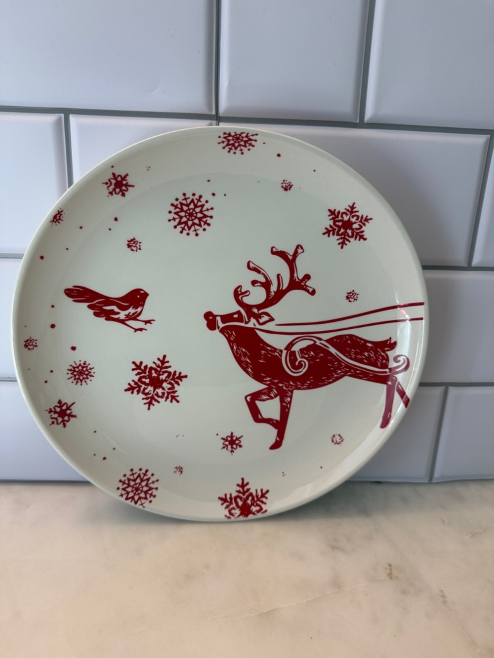 Festive Red Reindeer Snowflake Salad Plate 8.75 in Diameter